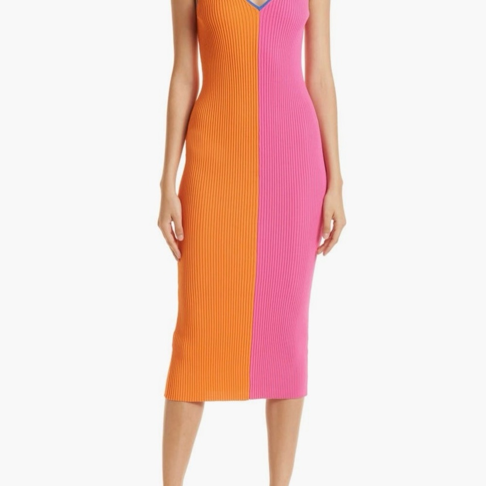 STAUD Birkenstock+Dana Colorblock Ribbed Midi Dress - Orange and Pink